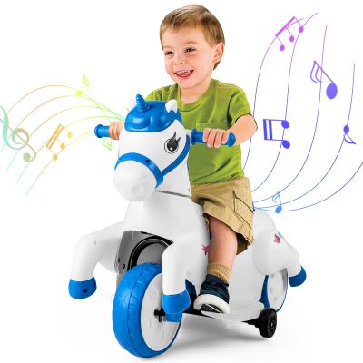 HONEY JOY 12V Unicorn Ride on Toys, 3-Wheeler Battery Powered Motorized Ride on Horse w/Training Wheels, Music, Up & Down, Pony Electric Car for Kids, Gift for Boys Girls (Blue)