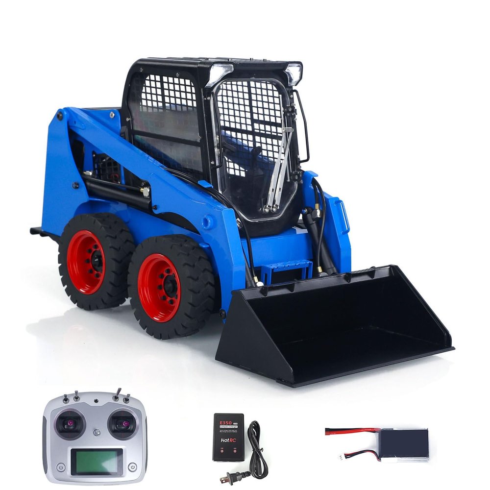 wheelfun 1/14 Metal Hydraulic RC Skid-Steer Loader SM450 Hydraulic System Remote Control Wheeled Car Model Light System Sound System Motor Servo ES(Blue Black Red)
