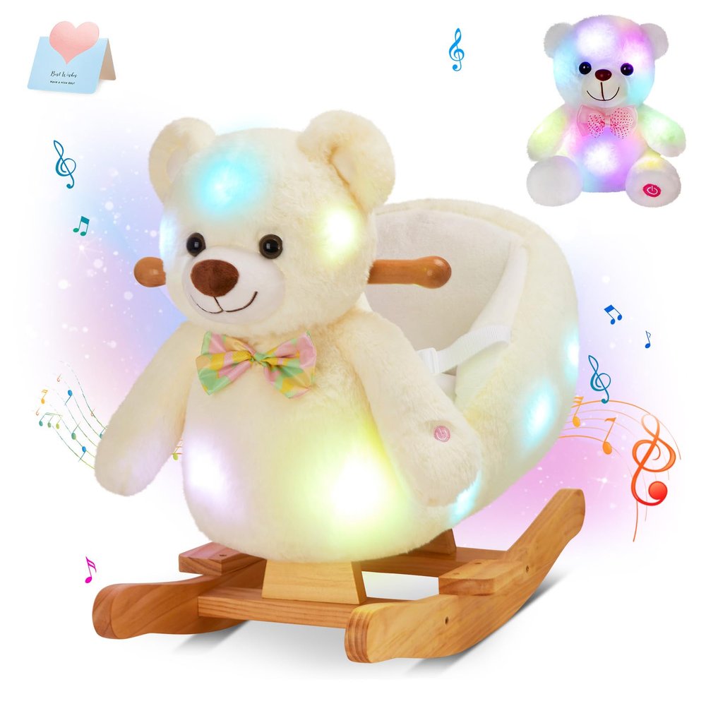Glow Guards White Polar Bear Rocking Horse with Chair Muical Light up Bear Stuffed Animal for Ages 1-3 Toddlers Kids Babies Ride Toy Birthday Christmas
