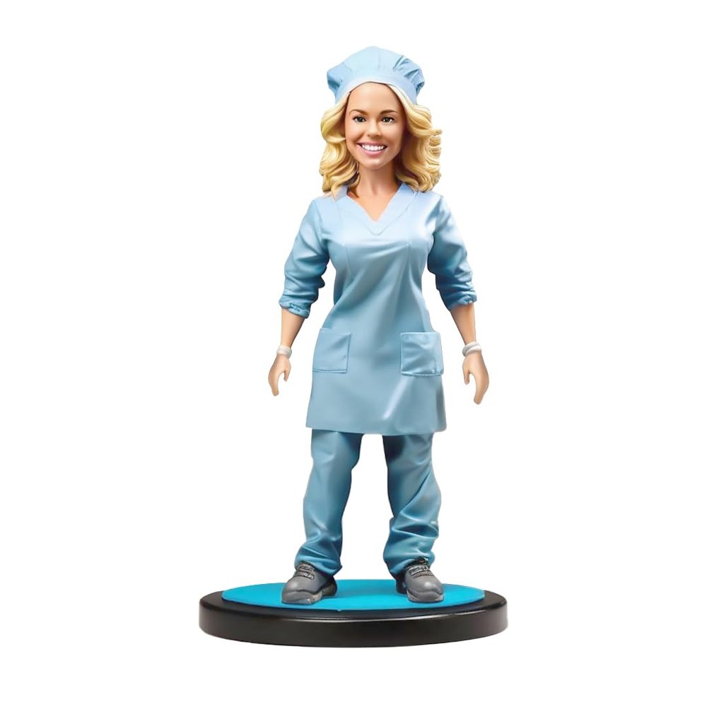 Bobblehead Figurine of Smiling Female Nurse in Blue Scrubs 6 inches Toy for Private Collectibles Sculpture Handmade Clay Figurine (bobb02)