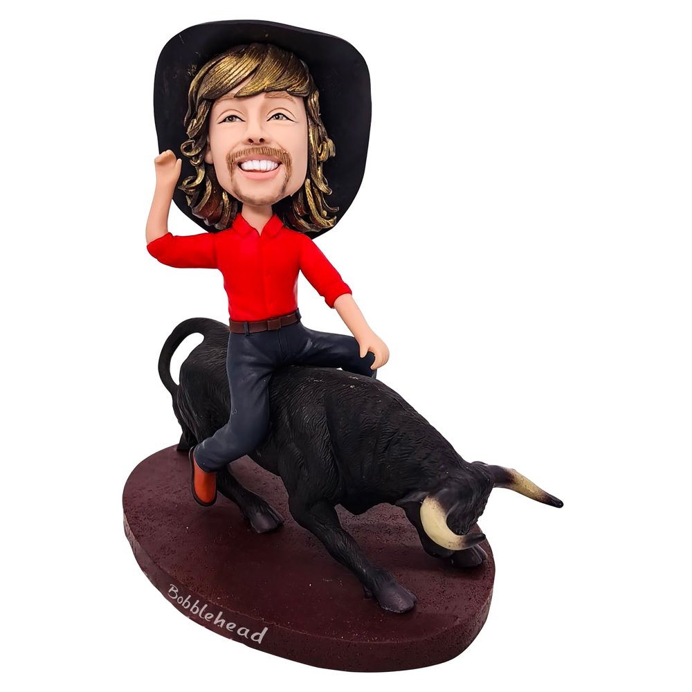 Bobblehead Figurine Smiling Man on Black Horse 6.3 inches Toy for Private Collectibles Sculpture Handmade Clay Figurine