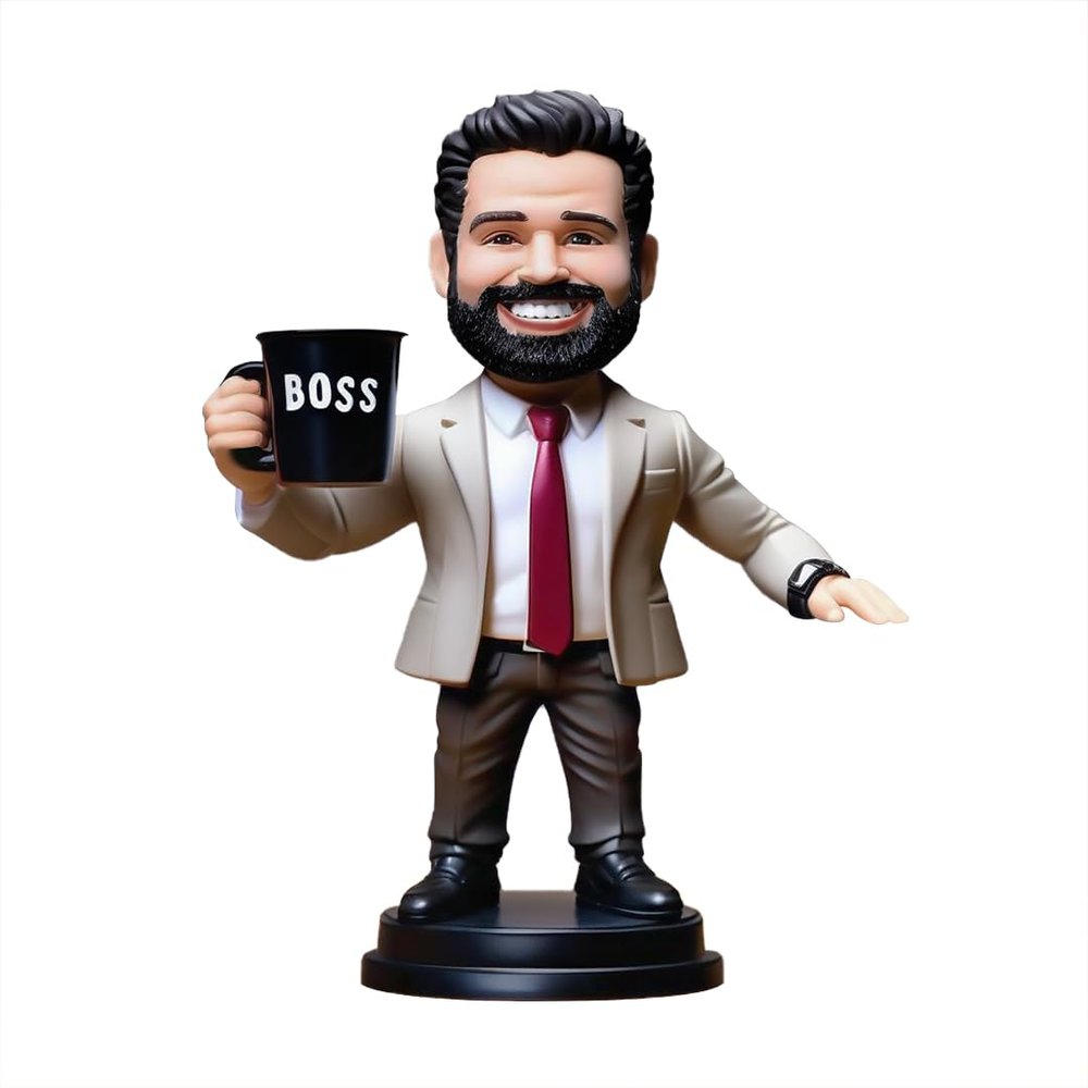 Bobblehead Figurine Boss in Black Suit and Hat Smiling Toy for Private Collectibles Sculpture Handmade Clay Figurine (bob002)