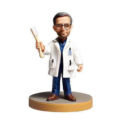 Bobblehead Figure of Scientist in Lab Coat Glasses and Beard Toy for Private Collectibles Sculpture Handmade Clay Figurine (bob001)