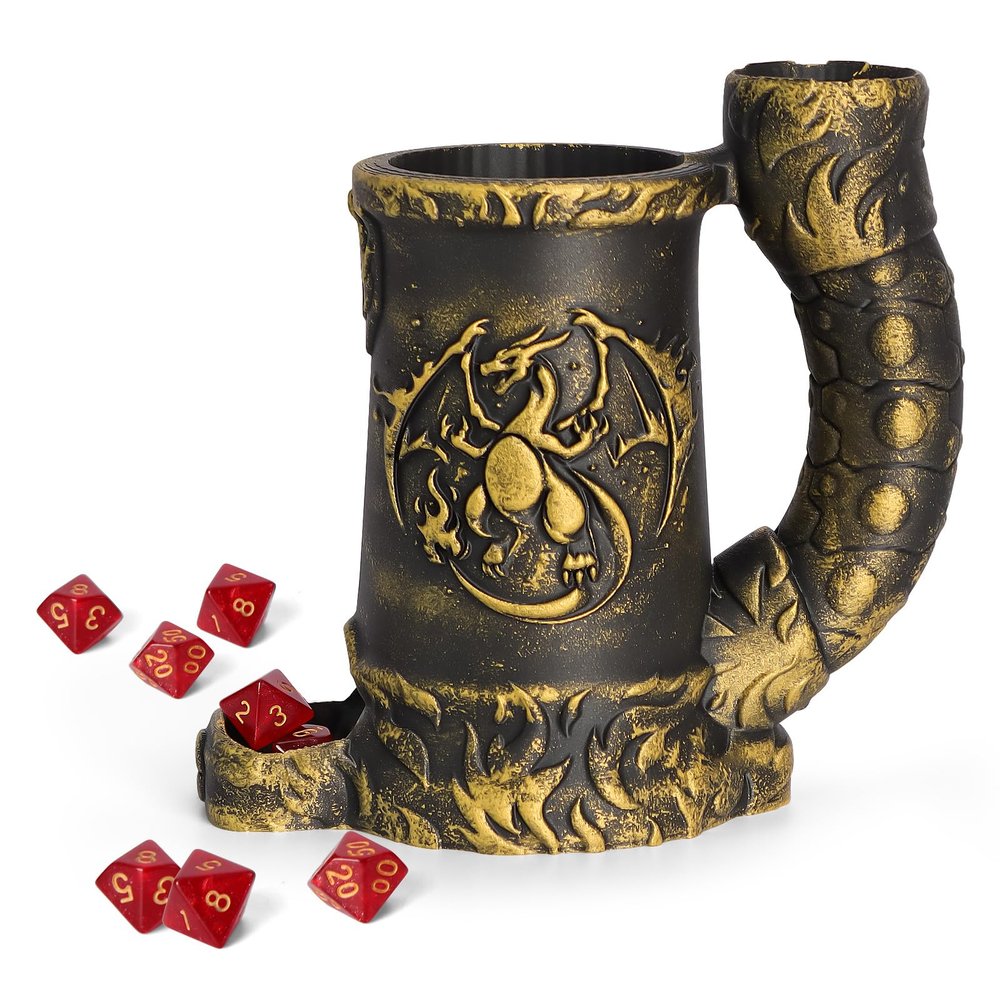 Mug Dice Tower - Dice Rolling Tower,(7PCS D20 Dice Set Included) for DND Gift and Dungeons and Dragon, Tabletop Games, Drink Holder, Tavern Style Board Game Roller (Gold)
