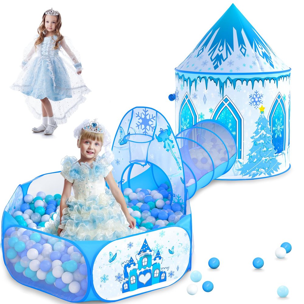 3 in 1 Girls Frozen Play Tent for Kids: Pop Up Baby Playhouse with Toddlers Crawl Tunnel, Ball Pit and Princess Castle Tent - Children Play Tent Frozen Toys Indoor and Outdoor Game for Birthday Gift