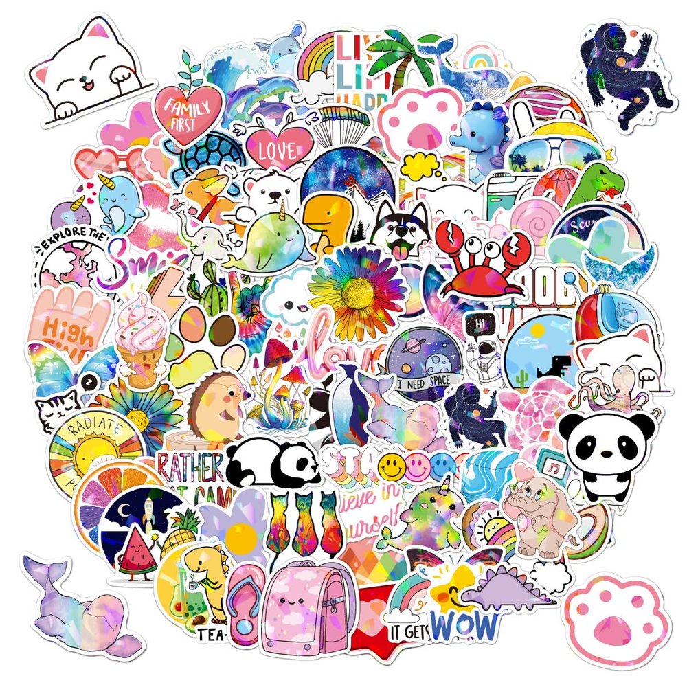 100 Cute Assorted Animal Holographic Stickers Fun Sparkly Glitter Kawaii Bulk Variety Pack, Waterproof Vinyl Decals for Girls, Kids & Teens, Great for Water Bottles, Classroom Rewards, Luggage