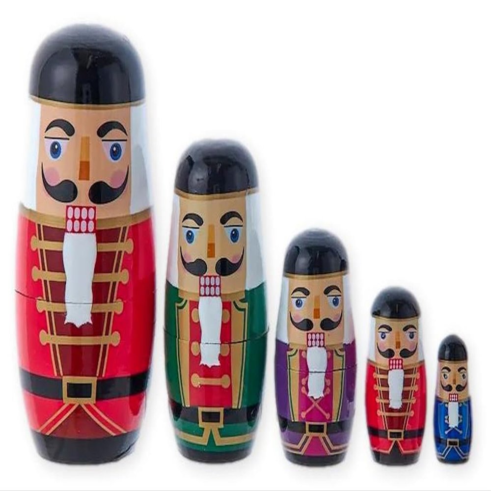 The Bridge Collection Nutcracker Nesting Doll Set - 5-Piece Wooden Matryoshka - Christmas Stacking - Traditional Hand-Painted - 5.5" to 1.5" Russian Dolls