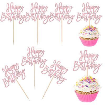 24 PCS Happy Birthday Cupcake Toppers Glitter Picks for Celebrating Anniversary Theme Party Cake Decorations Supplies Light Pink