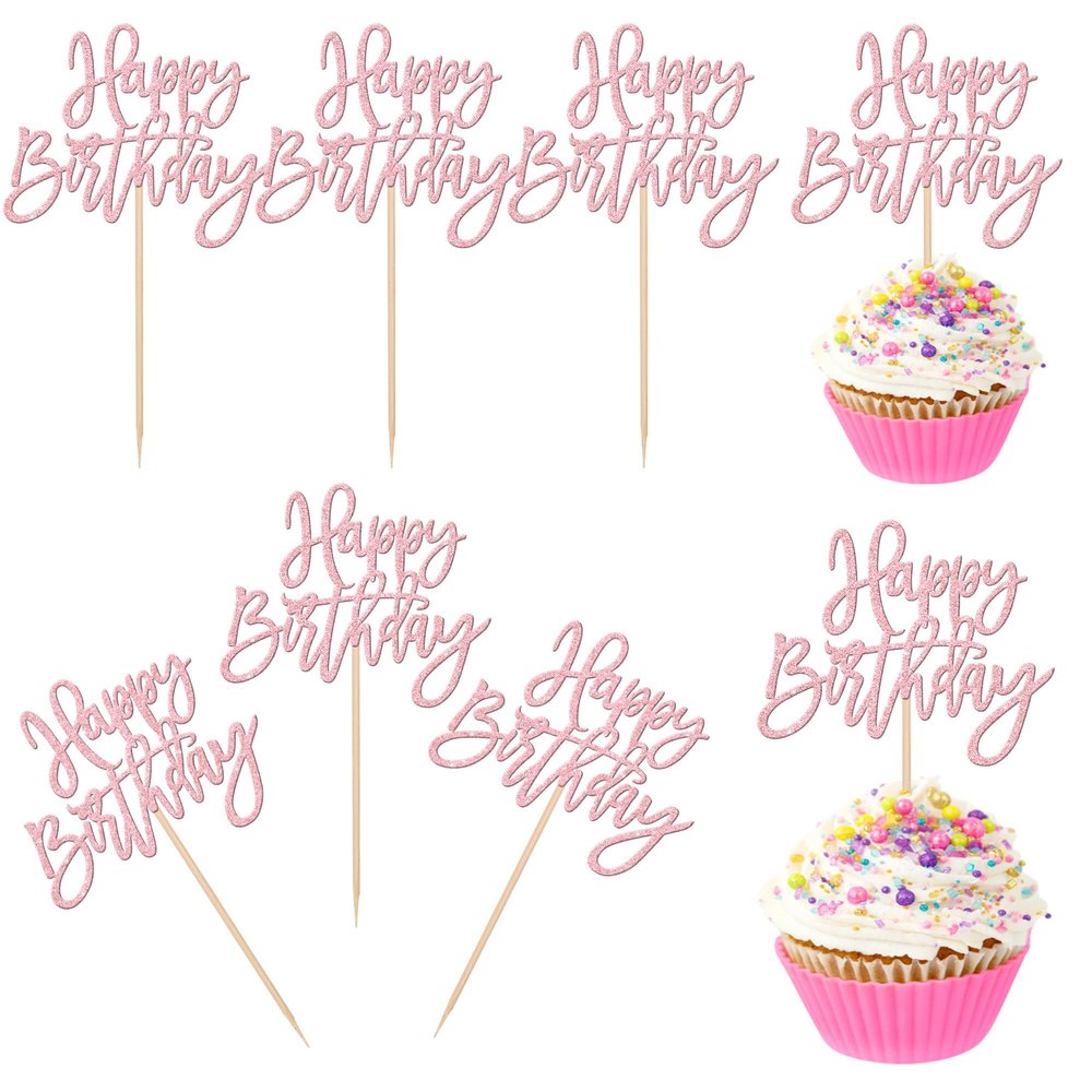 24 PCS Happy Birthday Cupcake Toppers Glitter Picks for Celebrating Anniversary Theme Party Cake Decorations Supplies Light Pink