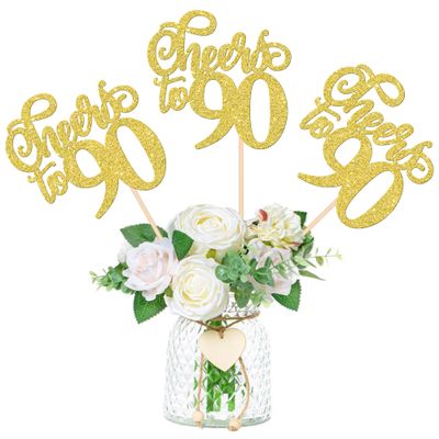 12 PCS Cheers to 90 Centerpiece Sticks Double Sided Glitter 90th Birthday Cake Toppers Number 90 Centerpieces Table Flower Topper Decorations for 90th Birthday Party Centerpiece Supplies Gold