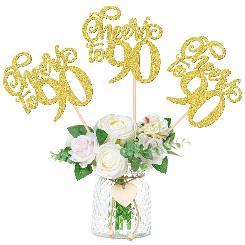 12 PCS Cheers to 90 Centerpiece Sticks Double Sided Glitter 90th Birthday Cake Toppers Number 90 Centerpieces Table Flower Topper Decorations for 90th Birthday Party Centerpiece Supplies Gold