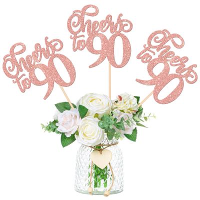 12 PCS Cheers to 90 Centerpiece Sticks Double Sided 90th Birthday Cake Toppers Number 90 Centerpieces Table Flower Topper Decorations for 90th Birthday Party Centerpiece Supplies Rose Gold