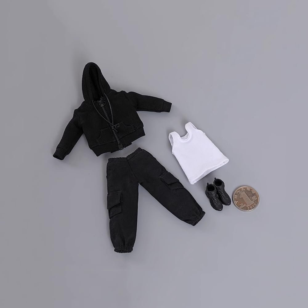1/12 Scale Male Clothes,Male Zipper Hoodie Work Pants Coat Vest Trousers Clothing for 6inch Action Figure Body (Black)