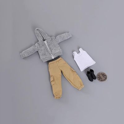 1/12 Scale Male Clothes,Male Zipper Hoodie Work Pants Coat Vest Trousers Clothing for 6inch Action Figure Body (Gray)