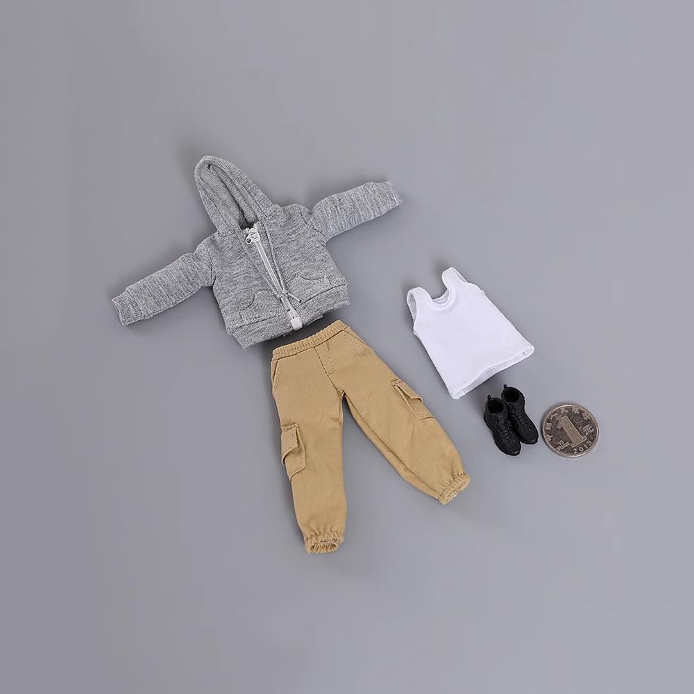 1/12 Scale Male Clothes,Male Zipper Hoodie Work Pants Coat Vest Trousers Clothing for 6inch Action Figure Body (Gray)