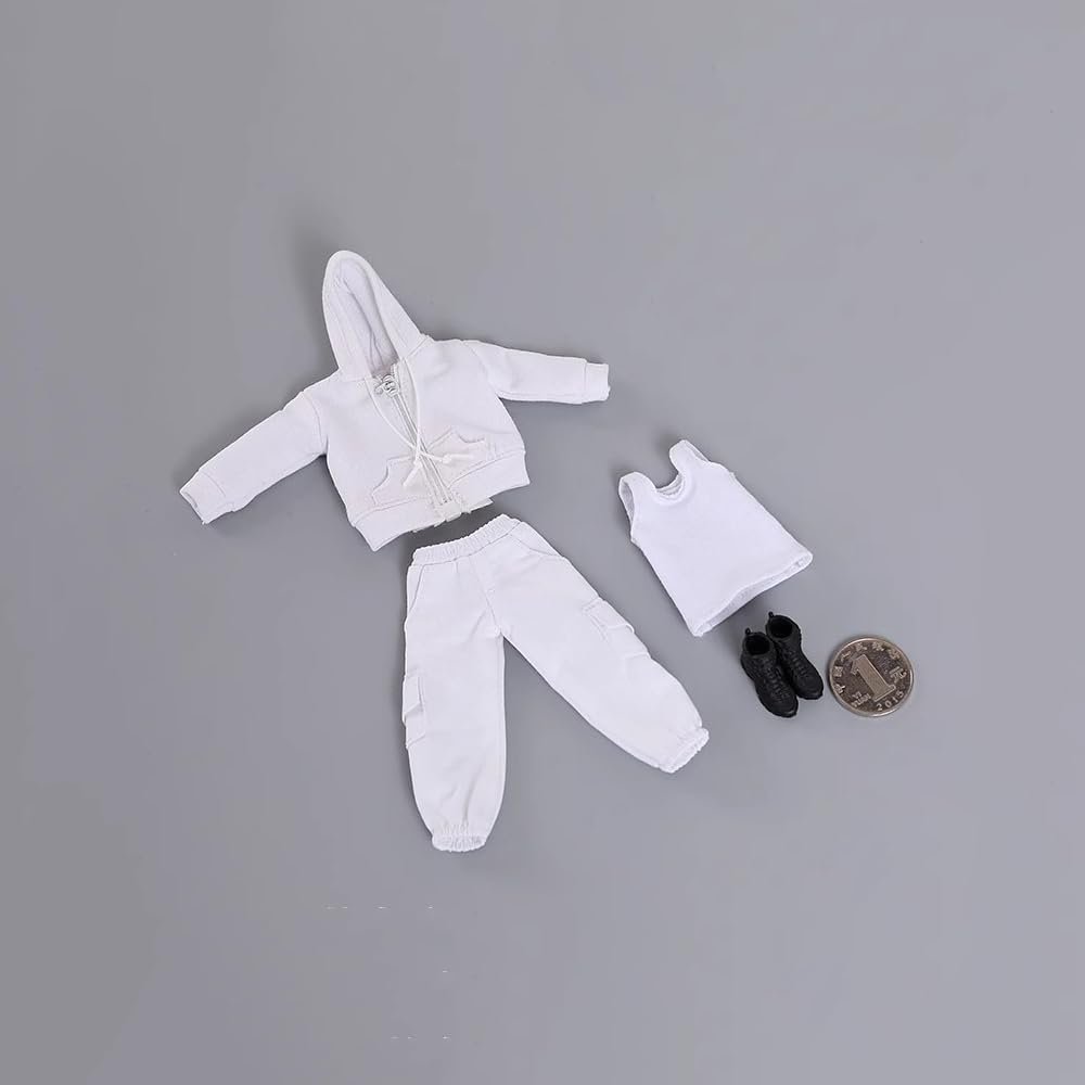 1/12 Scale Male Clothes,Male Zipper Hoodie Work Pants Coat Vest Trousers Clothing for 6inch Action Figure Body (White)