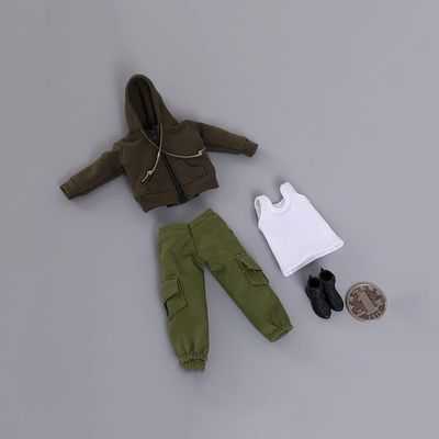 1/12 Scale Male Clothes,Male Zipper Hoodie Work Pants Coat Vest Trousers Clothing for 6inch Action Figure Body (Green)