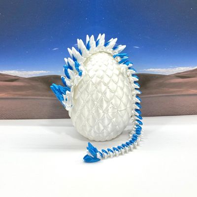 3D Printed Dragon with Dragon Egg, Articulated Fidget Toy Dragon, 12" White and Blue Gemstone Dragon, Executive Desk Toy D063WB