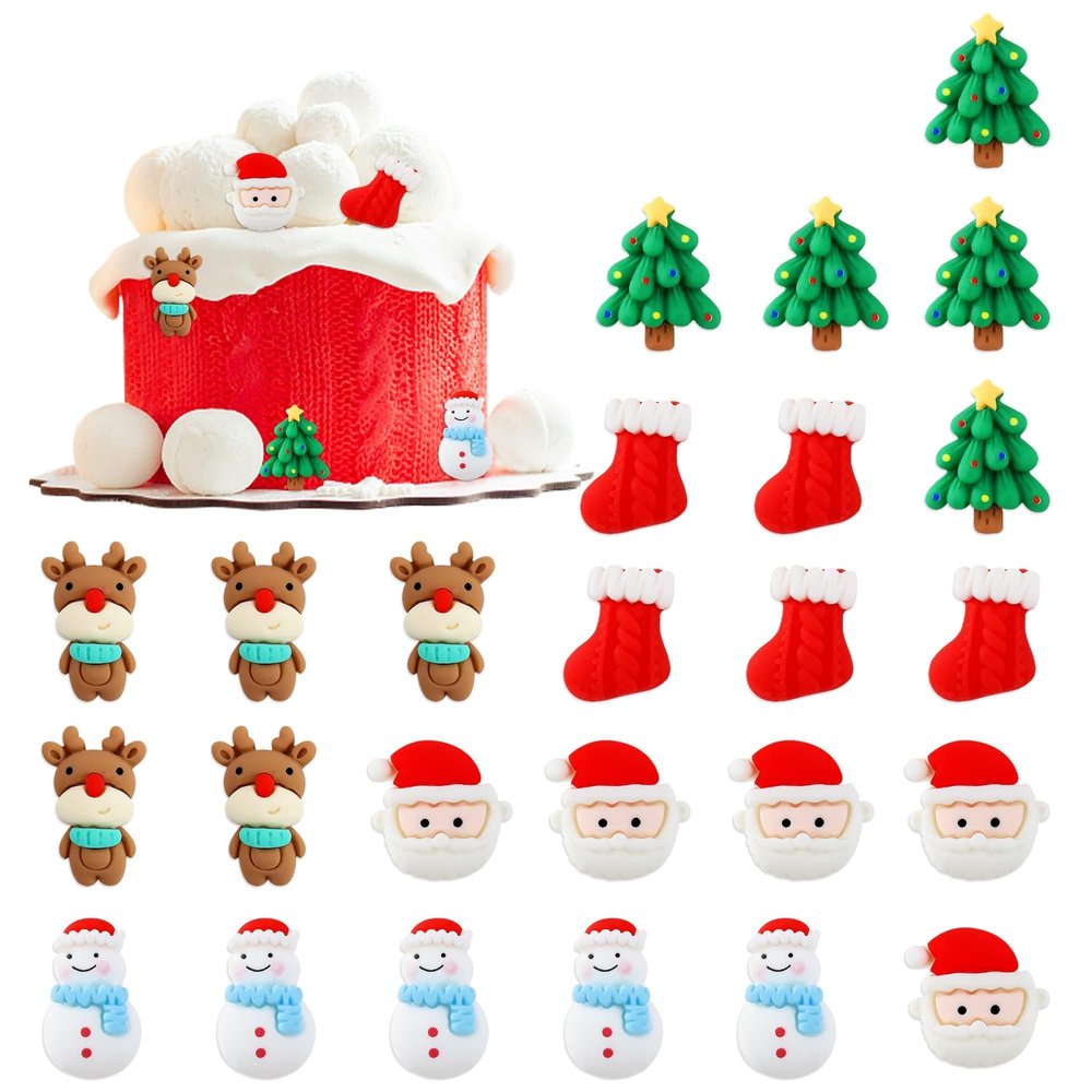 Ercadio 25 Pack Resin Christmas Scene Cupcake Toppers 3D Santa Claus Snowman Christmas Tree Picks for Xmas Holiday Birthday Eve Party Cake Decor