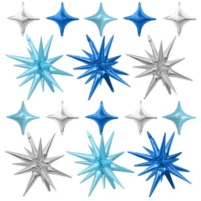 Blue Silver Star Balloons Kit with 6pcs 22in Cone Foil Balloons and 10pcs 10in Four Pointed Star Balloons for Birthday Anniversary Disco Party Decorations