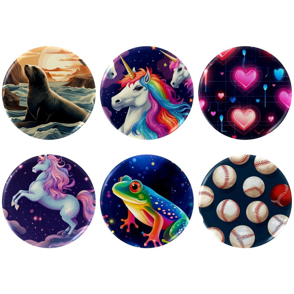 asebiunh 6 Pcs 2.2 Inch Button Badges with Pin, Rainbow Unicorn Pattern Round Craft Buttons for Craft Supplies, DIY Badges Pins, School Projects