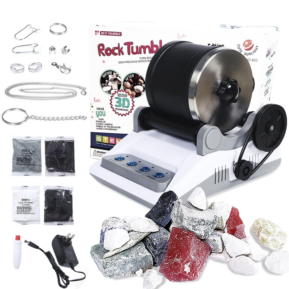 Azefun Rock Tumbler Kit, Enjoy 7-Days Polishing for DIY Stones, Professional Rock Polisher with Rough Gemstones and 4 Polishing Grits Science Kit for Kids and Adults Love Geology