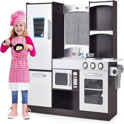 HOMGX Multi-Function Children's Kitchen Toy Set, Wooden Chef Pretend Toy Set w/Microwave, Stove, Sink, Faucet, Storage Cabinet & Shelf,Children's Play Kitchen for Boys & Girls Over 3 Years Old