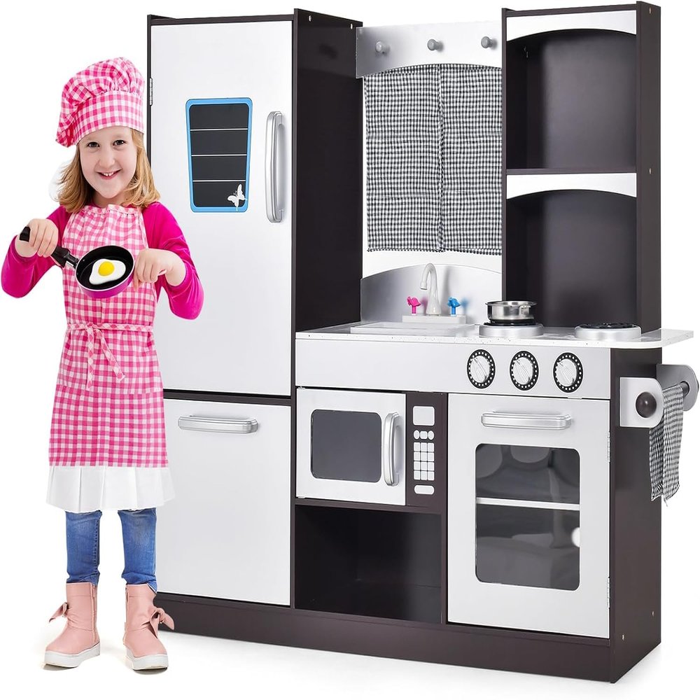 HOMGX Multi-Function Children's Kitchen Toy Set, Wooden Chef Pretend Toy Set w/Microwave, Stove, Sink, Faucet, Storage Cabinet & Shelf,Children's Play Kitchen for Boys & Girls Over 3 Years Old