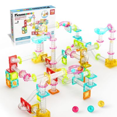 PicassoTiles 100pc Magnetic Marble Run Travel Size Tile Blocks Construction Kids Toy Set On The Go Mini Magnet Tiles Marbles Playset for Race Track Building Block STEM Learning Kit Boy Girl 3+ PTMG100