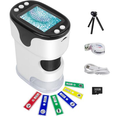 1000X Handheld Digital Microscope for Kids 2'' HD Screen 4K Rechargeable Mini Pocket Microscope with Slide Kit, Microscope Stand, 32G SD Card for Education Gift Age 4-6 8-12 Children