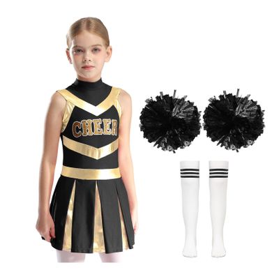 JanJean 3Pcs Girls Shiny Print Pleated Dress with 2Pcs Flower Balls 1 Pair Socks High School Halloween Party Dress Up A White&Black 12 Years