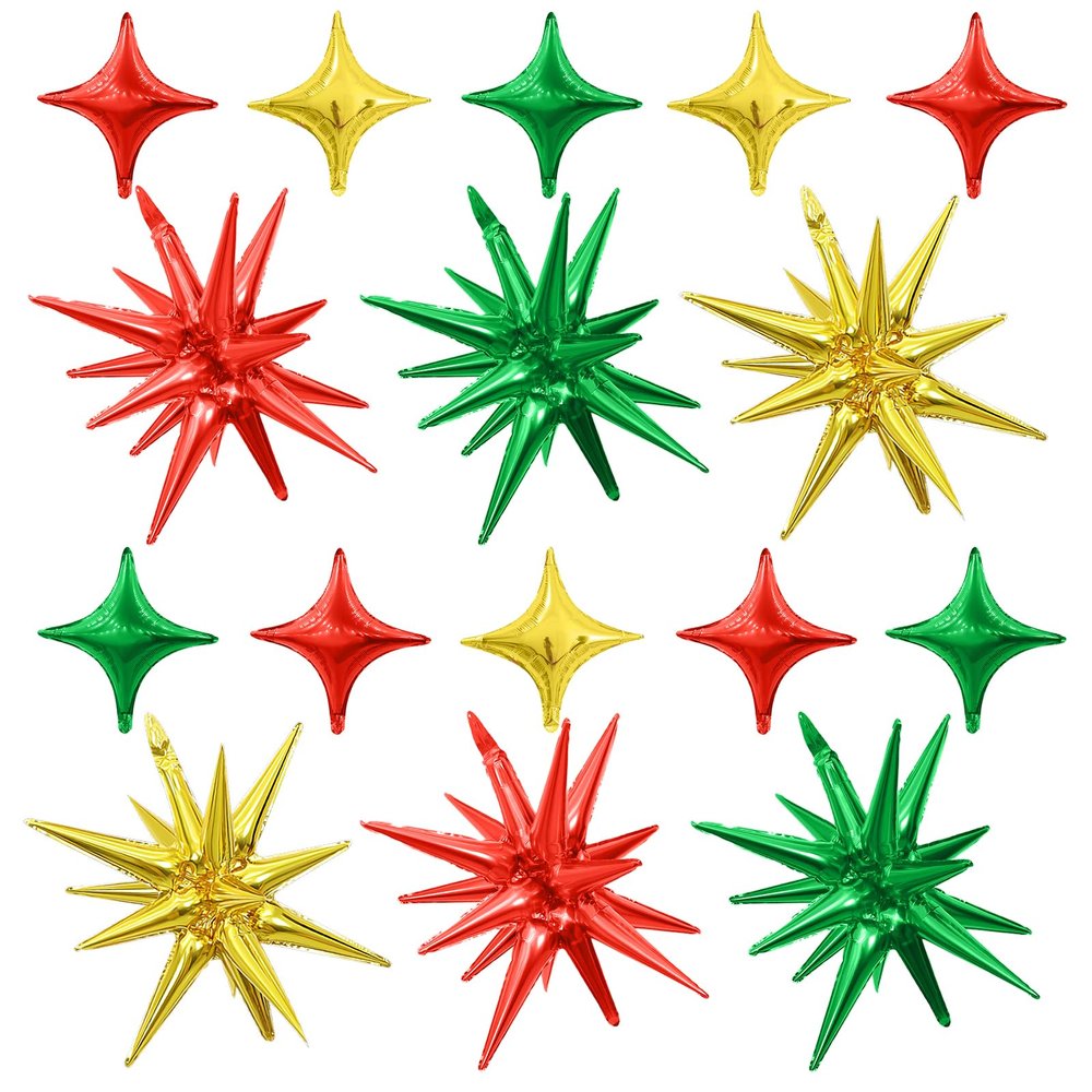 Red Green Gold Star Balloons,6Pcs 22Inch Explosion Star Balloons and 10Pcs 10Inch Four Angle Balloon Kit for Christmas Birthday Anniversary Party Decorations