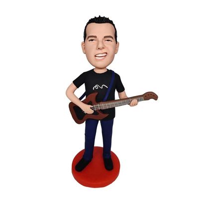 Smiling Man Bobblehead Figurine Playing Guitar Toy for Private Collectibles Sculpture Handmade Clay Figurine