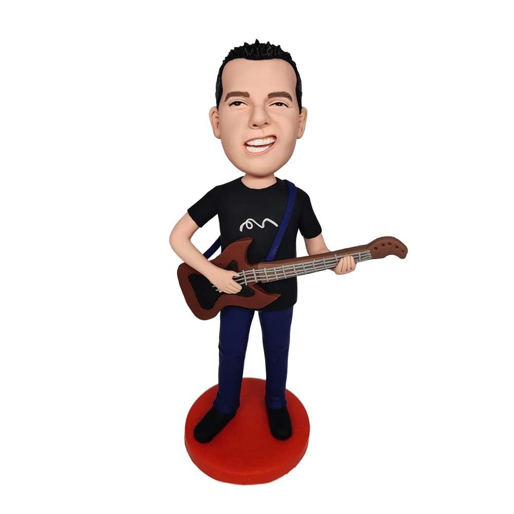 Smiling Man Bobblehead Figurine Playing Guitar Toy for Private Collectibles Sculpture Handmade Clay Figurine