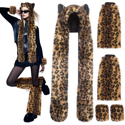 ShellKingdom Plush Novelty Animal Hat, 3 in 1 Function Faux Fur Full Animal Hood Hat Winter Warmer Cap with Wrist & Leg Covers for Halloween Cosplay Party (Leopard Hat with Wrist & Leg Cover)
