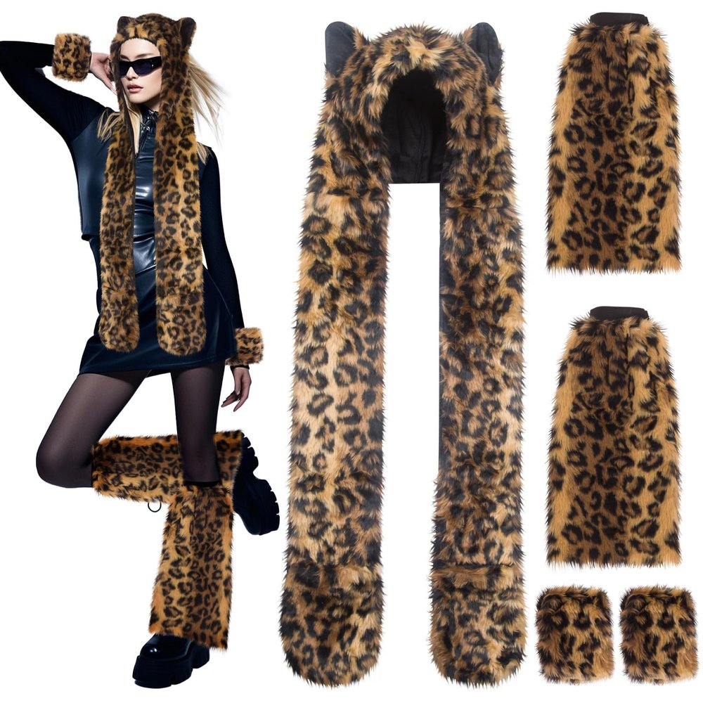 ShellKingdom Plush Novelty Animal Hat, 3 in 1 Function Faux Fur Full Animal Hood Hat Winter Warmer Cap with Wrist & Leg Covers for Halloween Cosplay Party (Leopard Hat with Wrist & Leg Cover)