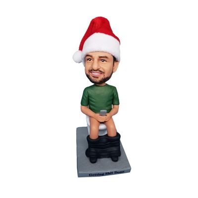 Christmas Santa Bobblehead Smiling Man in Green Shirt and Santa Hat Toy for Private Collectibles Sculpture Handmade Clay Figurine