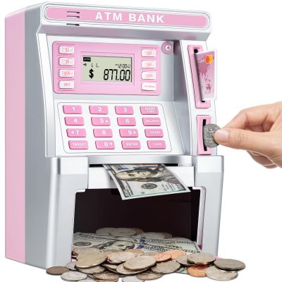 BAODLON Pink Piggy Bank for Kids, ATM Machine Bank for Real Money with Debit Card, Bill Feeder, Coin Recognition, Balance Calculator, Electronic Savings Safe Box, Cool Stuff Toys Gifts for Teen Girl