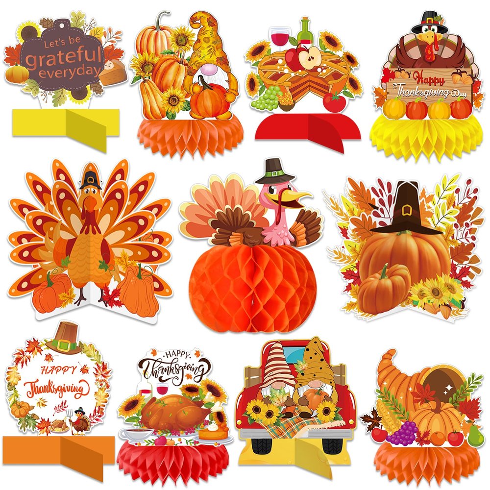 11 Pack Thanksgiving Honeycomb Centerpiece Fall Party Decorations Supplies 3D Autumn Fall Thanksgiving Centerpieces for Tables Happy Friendsgiving Thanksgiving Party Decorations Supplies