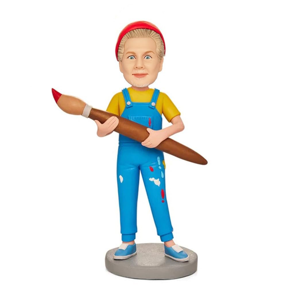 Bobblehead Figure with Red Hat Yellow Shirt, Blue Overalls 6 inches Toy for Private Collectibles Sculpture Handmade Clay Figurine