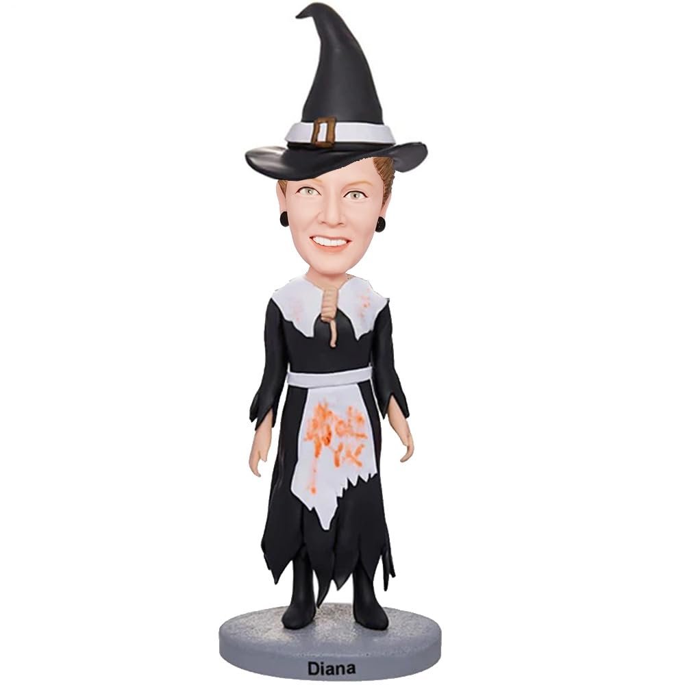 Witch Bobblehead Figure 7 inchen Black and White Dress Toy for Private Collectibles Sculpture Handmade Clay Figurine