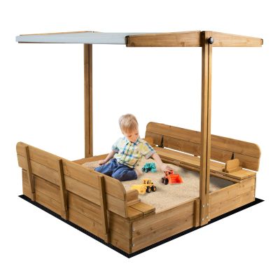 Kids Sand Box with CoverWooden Outdoor Sandbox with LidFoldable Bench Seat/Adjustable CanopyUV-Protection &Natural WoodSand Box for Kids Ages 2-847x47in