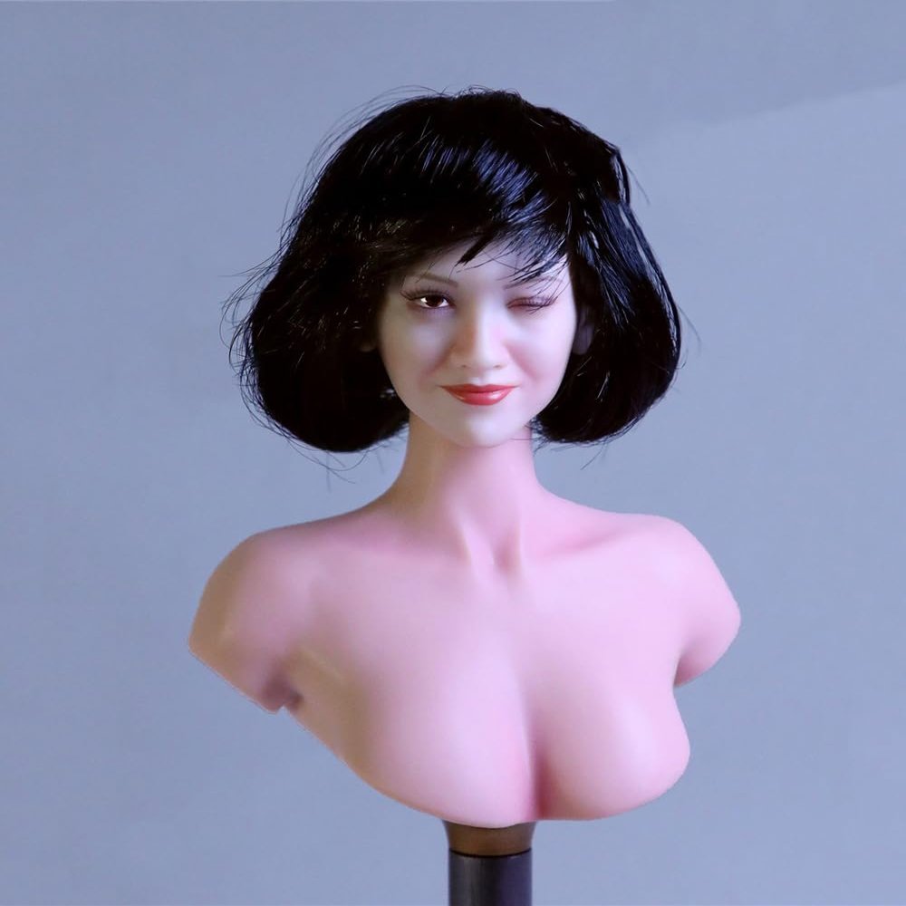 1/6 Scale Female Head Sculpt,Beauty Asian Girl Smile Expression Head Sculpt Carved for 12inch Female PH TBL JO Action Figure Body (Black Short Hair)