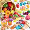 45 Pcs Wooden Play Food for Kids Kitchen, Pretend Cutting Fruit Vegetable Toys with Storage Bucket, Montessori Gift for 3 4 5 6 Year Old Boys Girls view 1