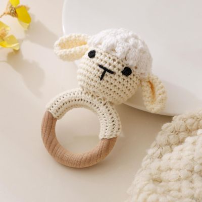 Wooden Baby Rattle, Crochet Lamb Rattle, Newborn Wooden Animal Rattle Toy, Infant Rattle Toys