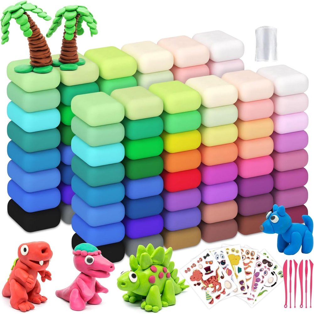 Air Dry Clay 96PCS (2x48Colors), Modeling Clay for Kids with 12 Sheets Dinosaur Stickers & 6PCS Sculpting Tools, Safe & Non-Toxic, DIY Molding Clay Gift for Boys and Girls
