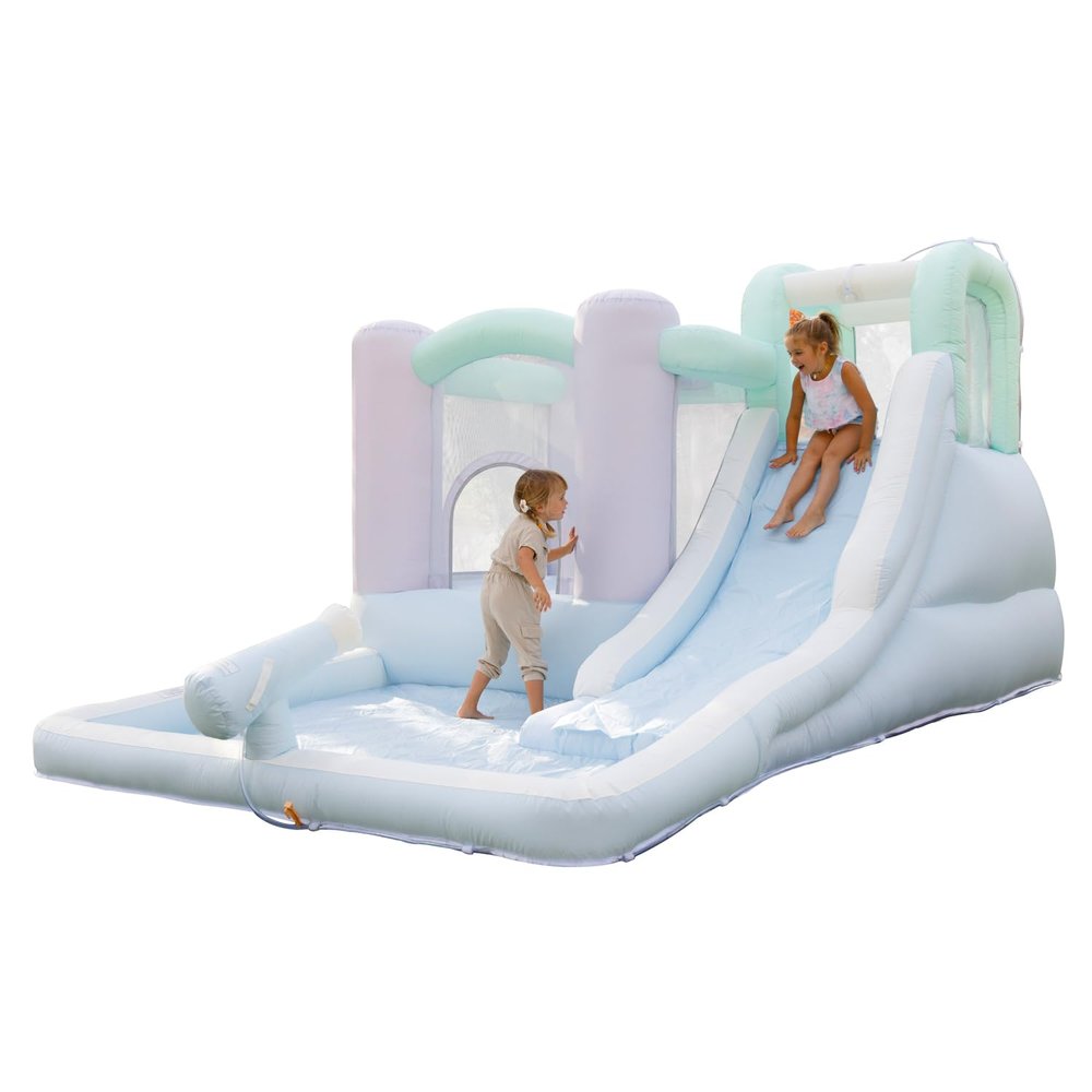 Bounceland Splash Zone Dream Wet or Dry Bounce House Water Slide, 11.5ftL x 9ftW x 6ftH, Pastel Color, Spacious Bounce Area, Splash Pool, Climbing Wall, Blower Included, Trendy Kids Outdoor Play