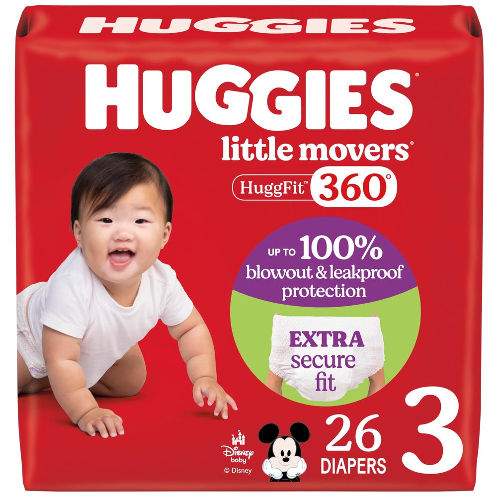 Huggies Size 3 Baby Diapers, Little Movers HuggFit 360 Baby Diapers with 360 Waistband, Size 3 (16-28 lbs), 26 Count, Packaging May Vary