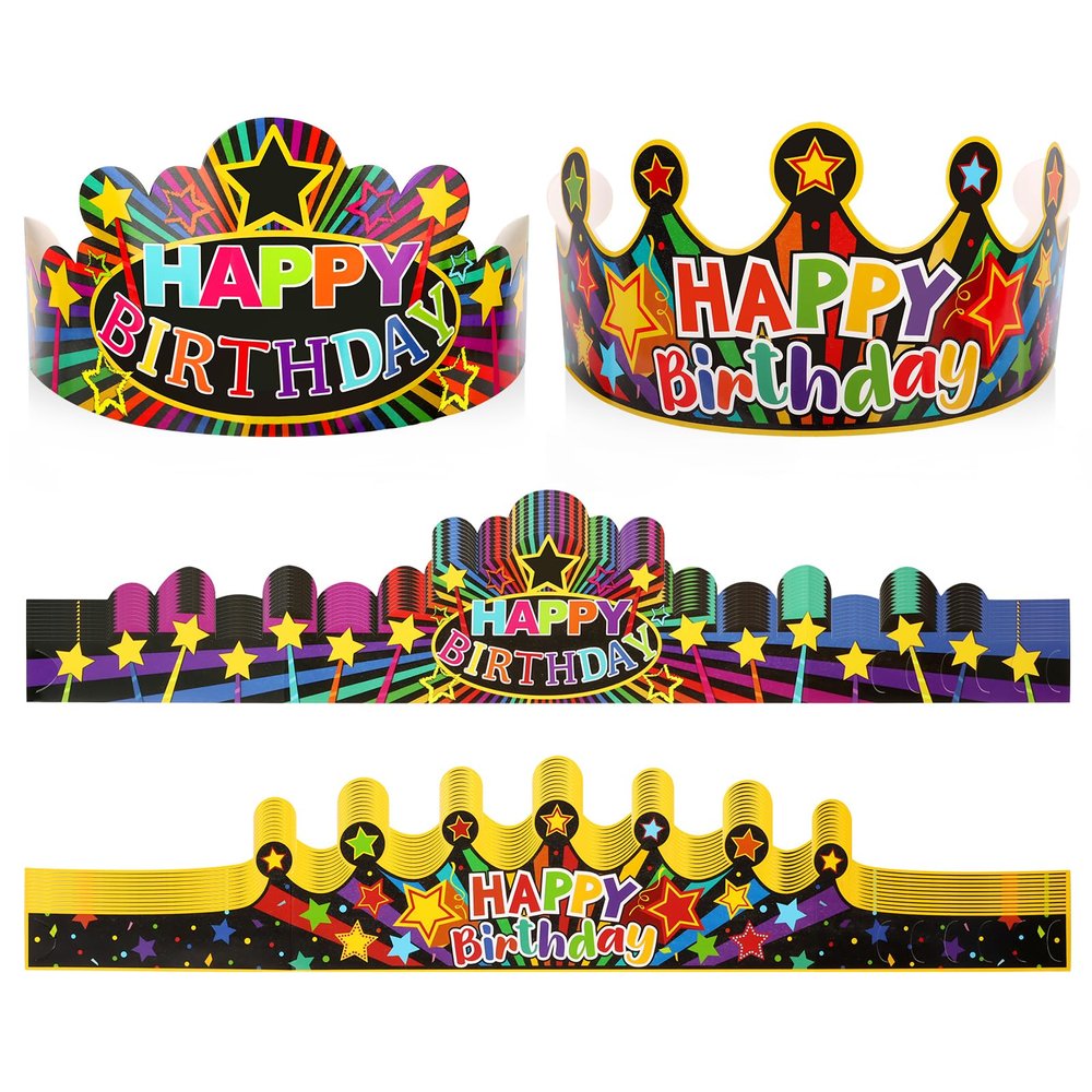 Atiloy 30 Pieces Birthday Crowns for Classroom Adjustable Cute Happy Birthday Hats Colorful Paper Party Crown for Kids