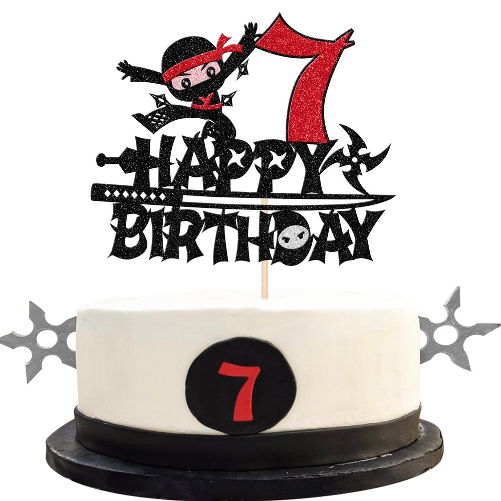 1 PCS Ninja Happy 7th Birthday Cake Topper Black Glitter Seven Years Old Birthday Cake Pick Martial Arts Kung Fu Warriors Cake Decoration for Ninja Theme Seventh Birthday Party Decorations Supplies
